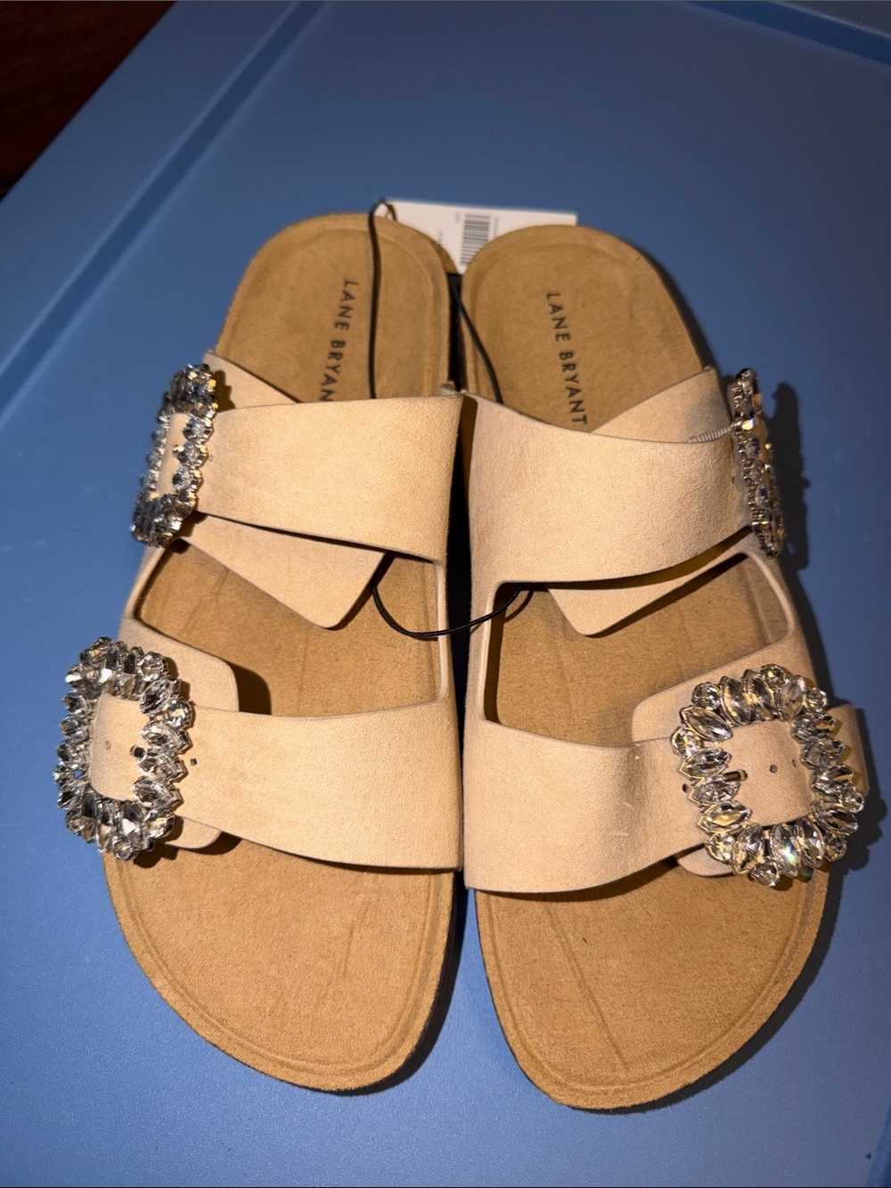Lane Bryant Nude Crystal Buckle Double-Strap Slide Sandals